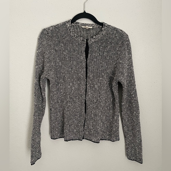 Eileen Fisher Sweaters - Eileen Fisher black cream linen cotton knit cardigan sweater snap front PL